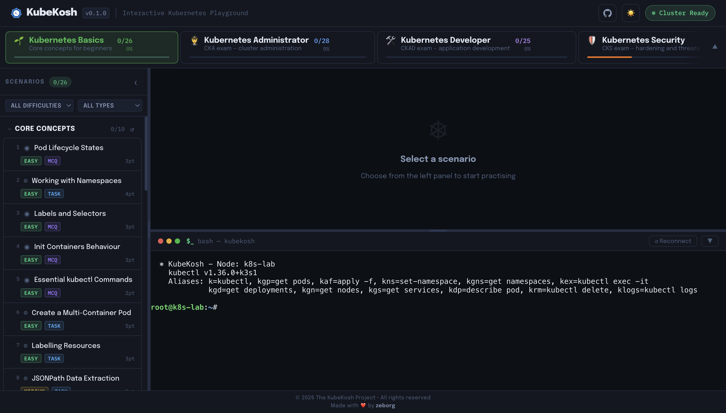 Scenario browser with live terminal