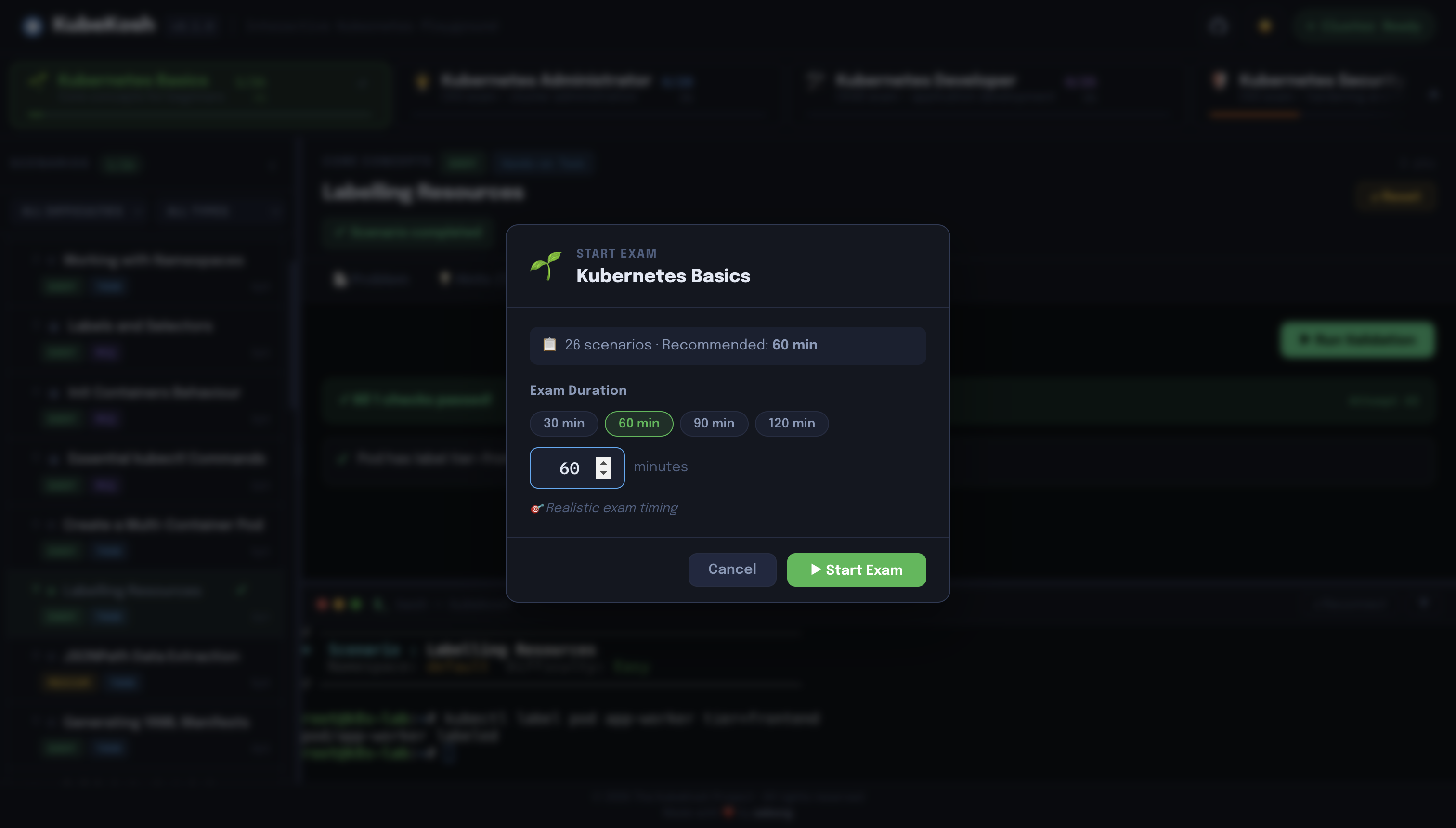 Exam mode — start with custom duration