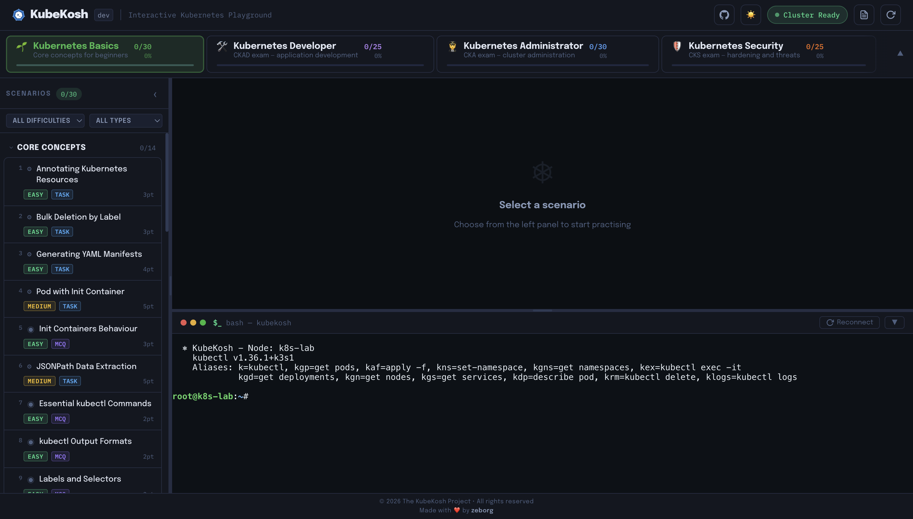 Scenario browser with live terminal