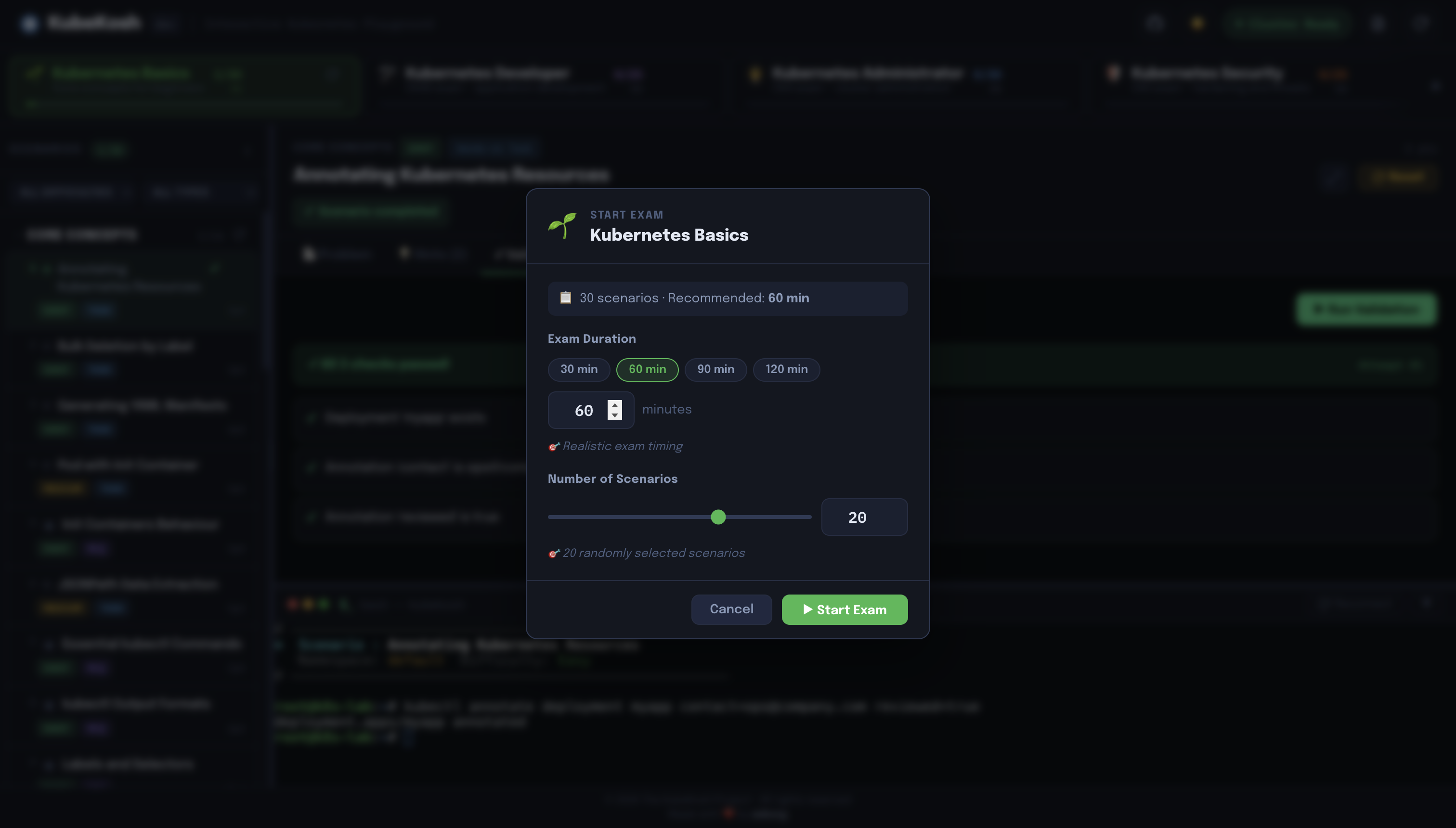 Exam mode — start with custom duration and scenario count